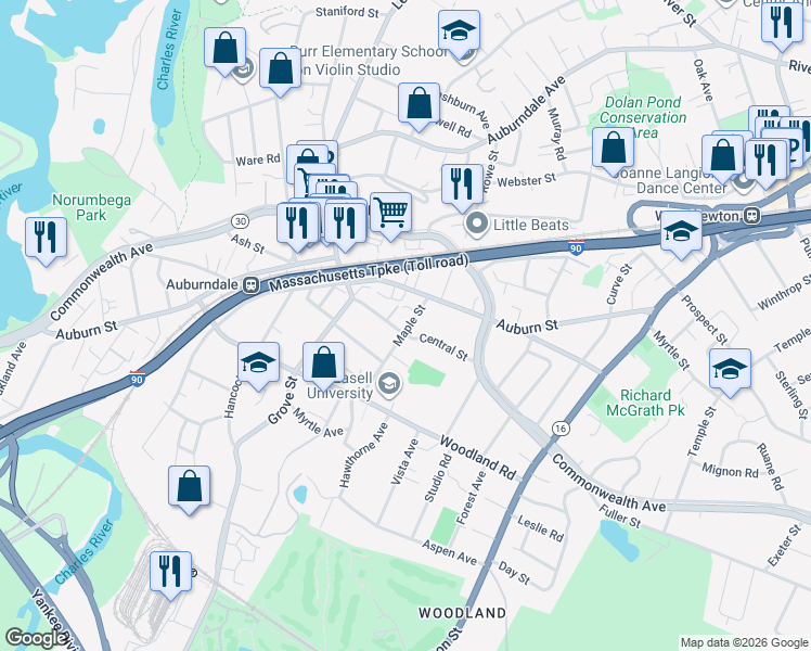 map of restaurants, bars, coffee shops, grocery stores, and more near 23 Maple Street in Newton