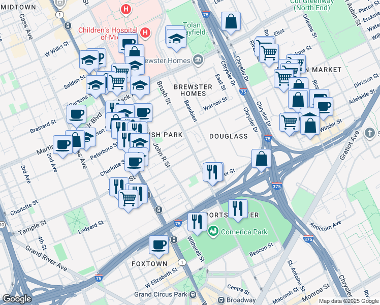 map of restaurants, bars, coffee shops, grocery stores, and more near 2832 Brush Street in Detroit
