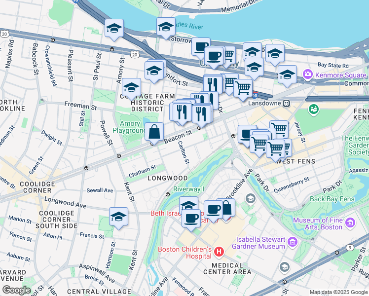 map of restaurants, bars, coffee shops, grocery stores, and more near Monmouth Street in Brookline