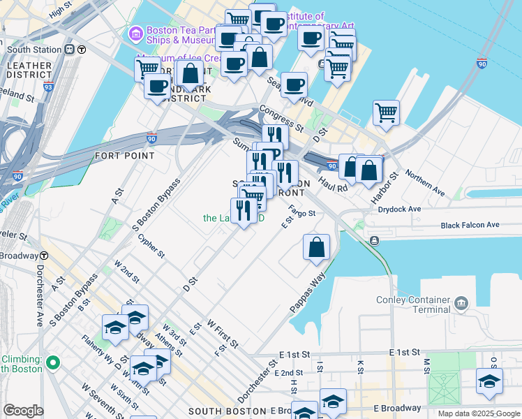 map of restaurants, bars, coffee shops, grocery stores, and more near 451 D Street in Boston