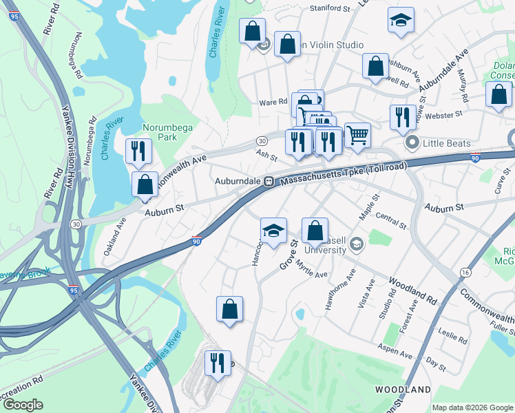 map of restaurants, bars, coffee shops, grocery stores, and more near 248 Central Street in Newton