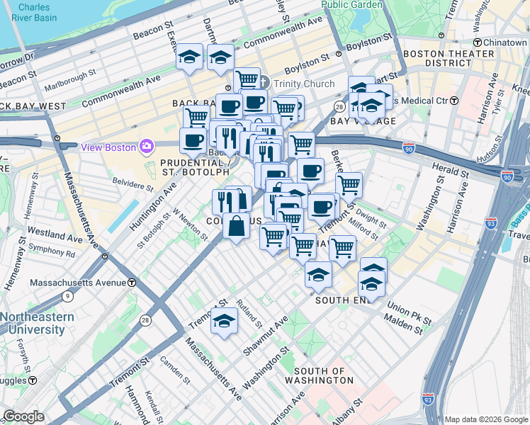 map of restaurants, bars, coffee shops, grocery stores, and more near 130 Appleton Street in Boston