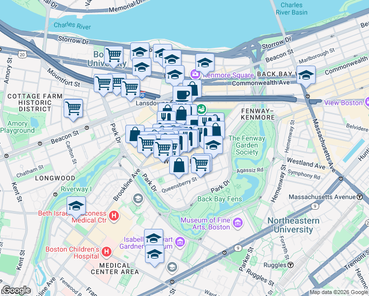 map of restaurants, bars, coffee shops, grocery stores, and more near in Boston