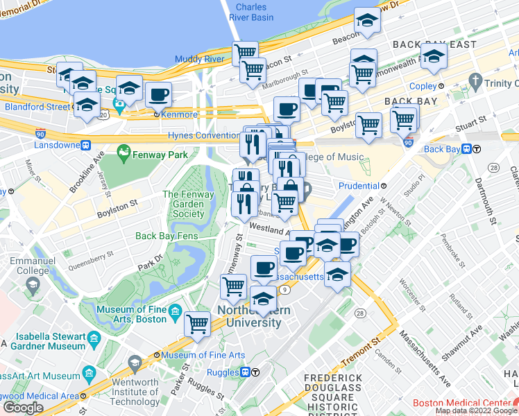 map of restaurants, bars, coffee shops, grocery stores, and more near 56-60 Hemenway Street in Boston