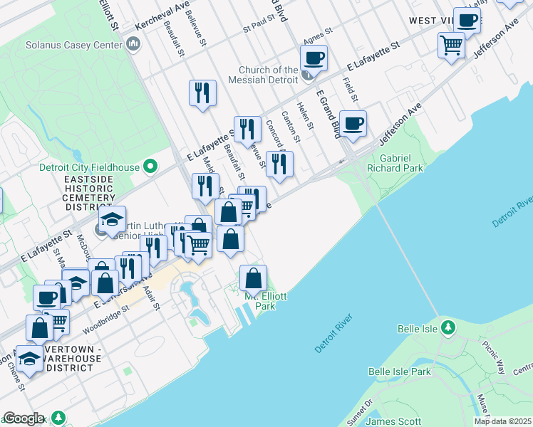 map of restaurants, bars, coffee shops, grocery stores, and more near 6500 East Jefferson Avenue in Detroit