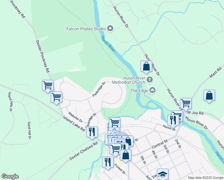 map of restaurants, bars, coffee shops, grocery stores, and more near 3277 Eastridge Drive in Dexter