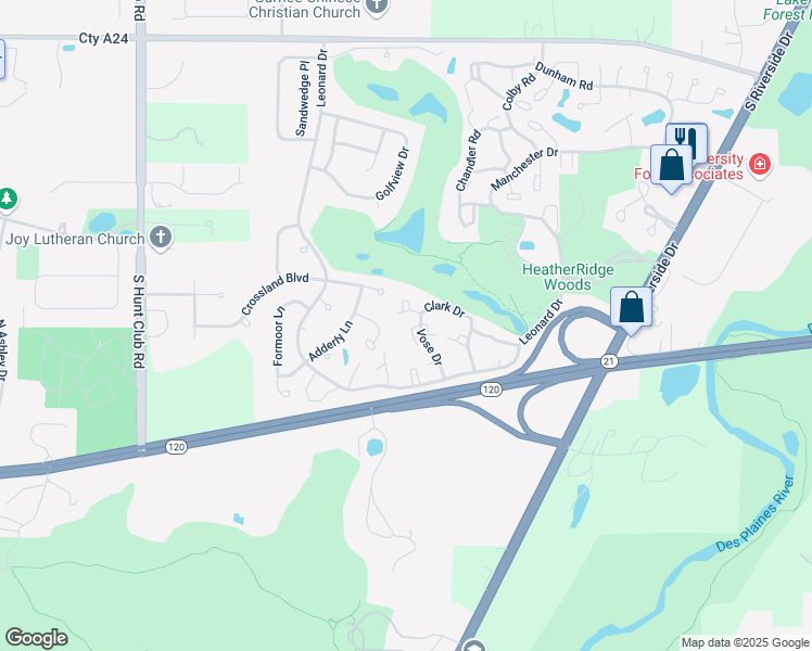 map of restaurants, bars, coffee shops, grocery stores, and more near 947 Clark Drive in Gurnee