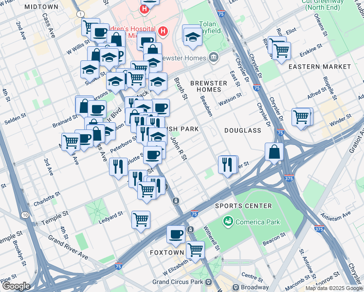 map of restaurants, bars, coffee shops, grocery stores, and more near 232 Edmund Place in Detroit