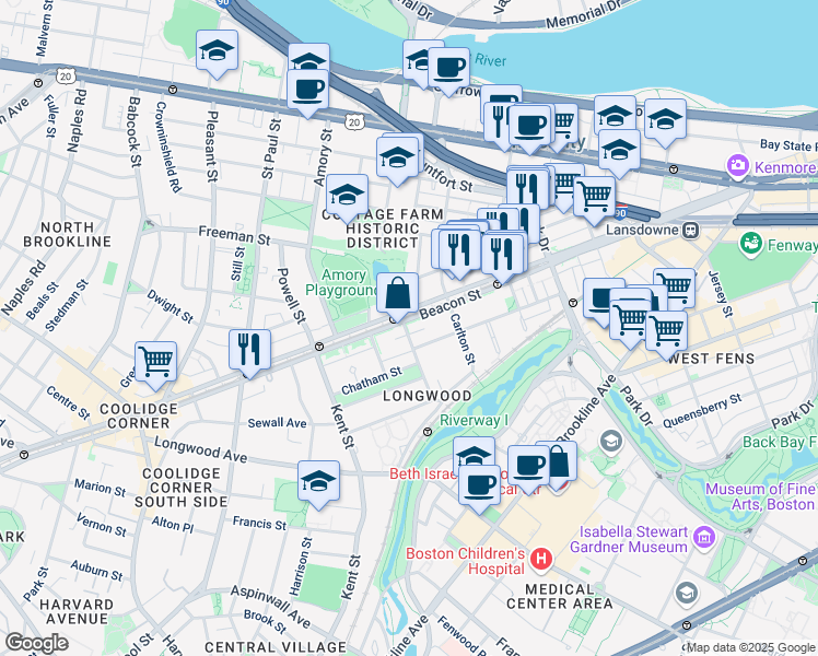 map of restaurants, bars, coffee shops, grocery stores, and more near 1083 Beacon Street in Brookline