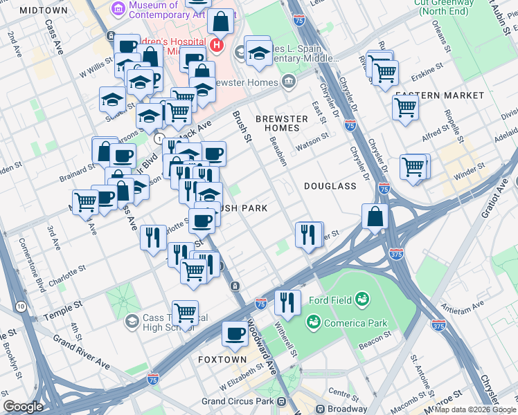 map of restaurants, bars, coffee shops, grocery stores, and more near 266 Edmund Place in Detroit