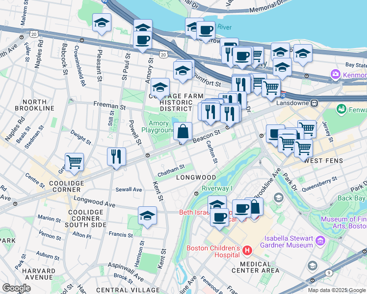 map of restaurants, bars, coffee shops, grocery stores, and more near 1083 Beacon Street in Brookline