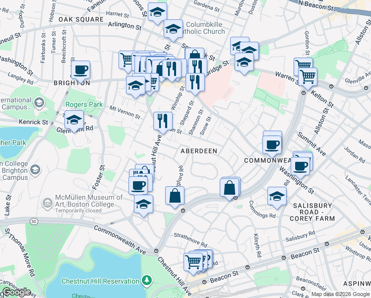map of restaurants, bars, coffee shops, grocery stores, and more near 30 Blenford Road in Boston