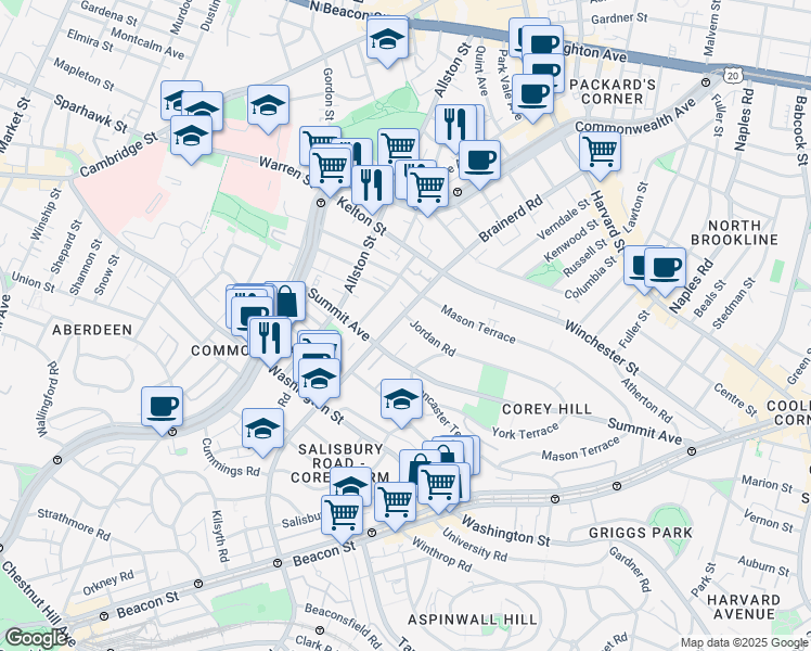 map of restaurants, bars, coffee shops, grocery stores, and more near 246 Corey Road in Boston