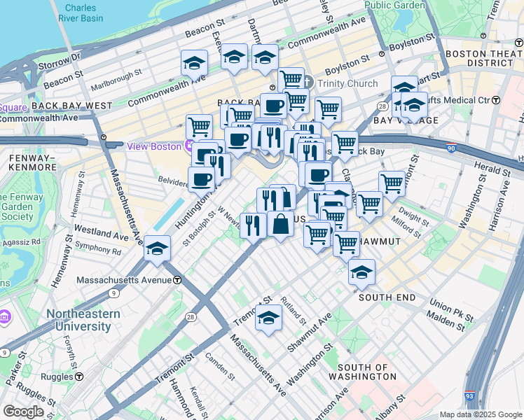map of restaurants, bars, coffee shops, grocery stores, and more near in Boston