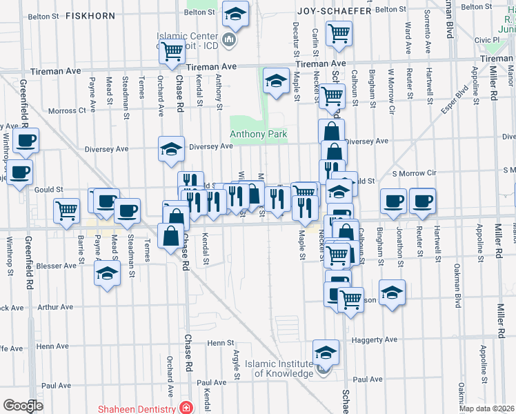 map of restaurants, bars, coffee shops, grocery stores, and more near 7320 Williamson Street in Dearborn