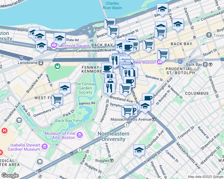 map of restaurants, bars, coffee shops, grocery stores, and more near 56-60 Hemenway Street in Boston