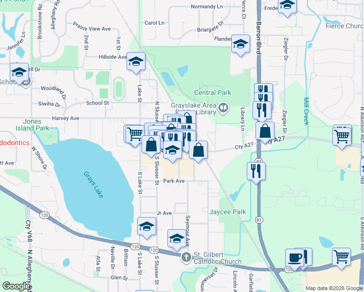 map of restaurants, bars, coffee shops, grocery stores, and more near 202 Center Street in Grayslake