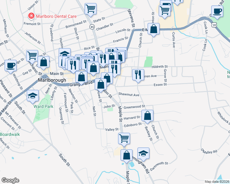 map of restaurants, bars, coffee shops, grocery stores, and more near 55 Maple Street in Marlborough