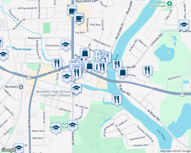 map of restaurants, bars, coffee shops, grocery stores, and more near 3310 Riverside Drive in McHenry