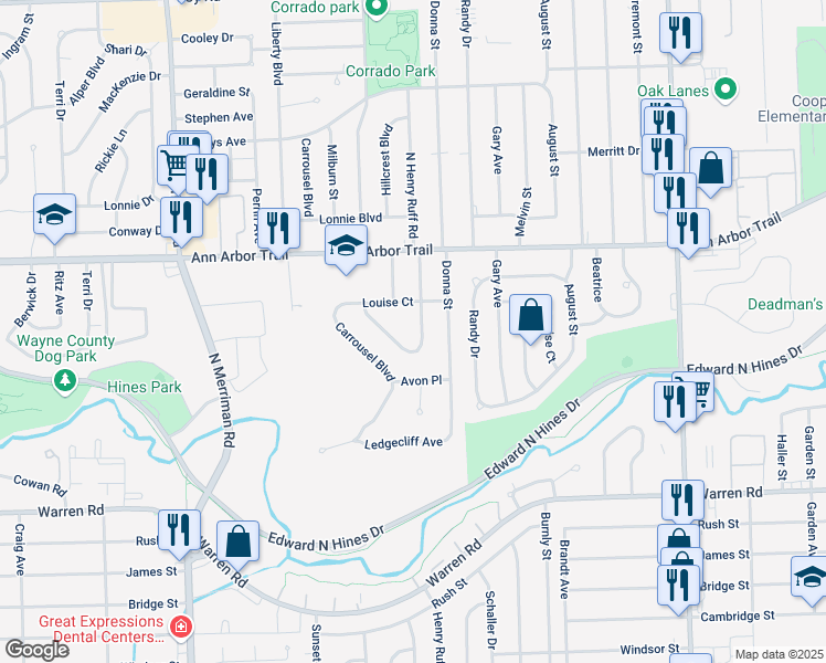 map of restaurants, bars, coffee shops, grocery stores, and more near 7768 North Henry Ruff Road in Westland