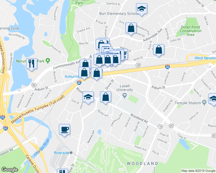map of restaurants, bars, coffee shops, grocery stores, and more near 39 Grove Street in Newton