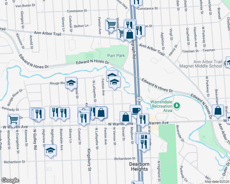 map of restaurants, bars, coffee shops, grocery stores, and more near 7500 North Vernon Street in Dearborn Heights