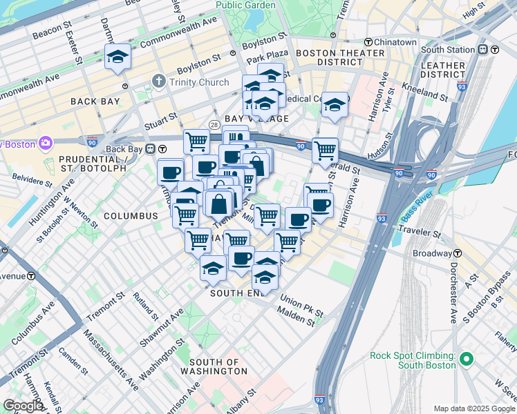 map of restaurants, bars, coffee shops, grocery stores, and more near 514 Tremont Street in Boston