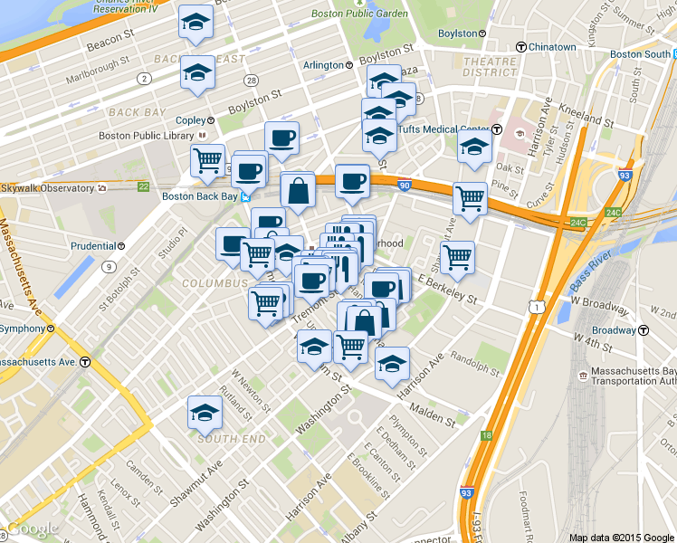 map of restaurants, bars, coffee shops, grocery stores, and more near 34 Warren Avenue in Boston