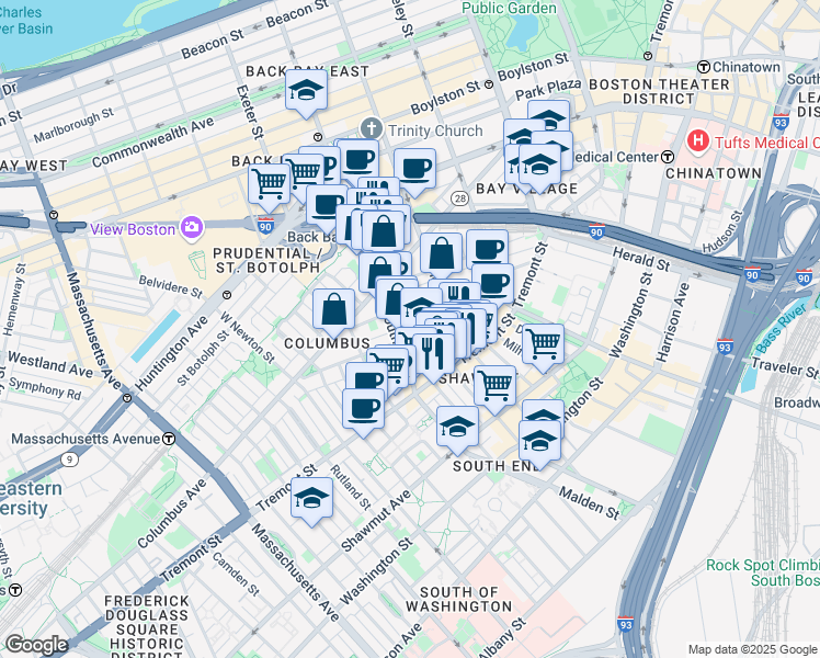map of restaurants, bars, coffee shops, grocery stores, and more near 67 Dartmouth Street in Boston