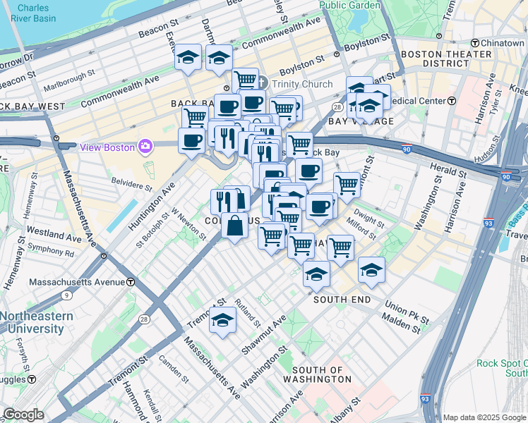 map of restaurants, bars, coffee shops, grocery stores, and more near 376-376A Columbus Avenue in Boston