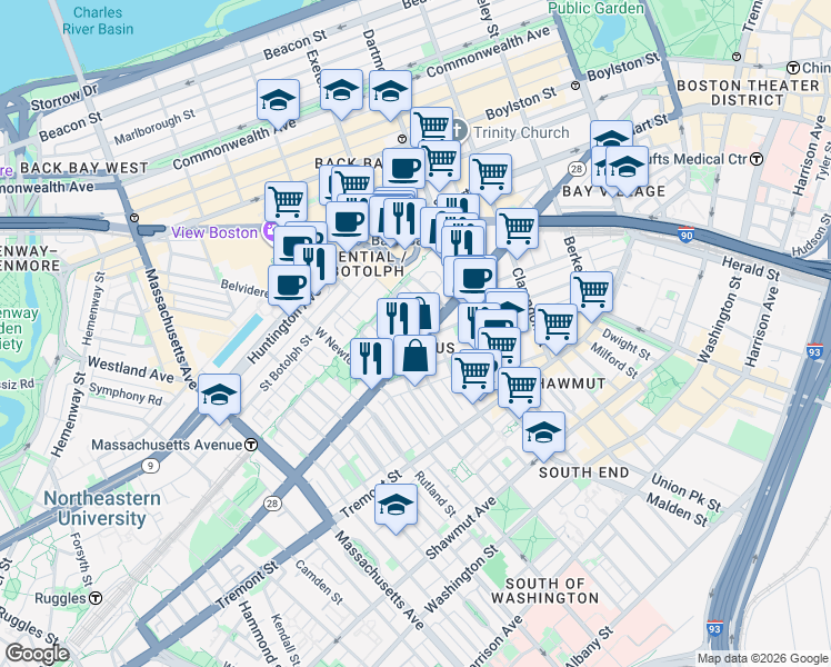 map of restaurants, bars, coffee shops, grocery stores, and more near in Boston