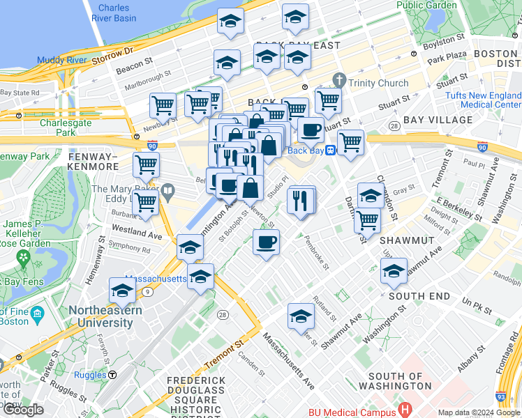 map of restaurants, bars, coffee shops, grocery stores, and more near 94 Saint Botolph Street in Boston
