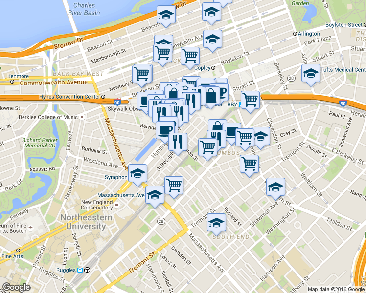 map of restaurants, bars, coffee shops, grocery stores, and more near 94 Saint Botolph Street in Boston