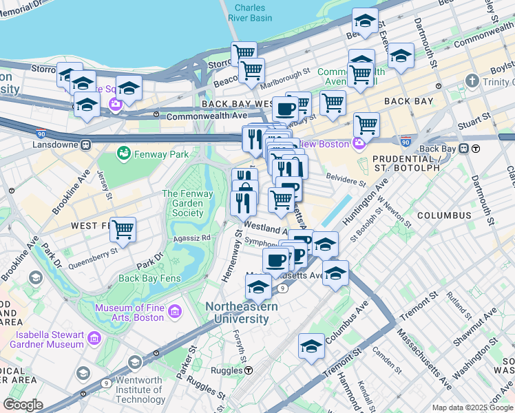 map of restaurants, bars, coffee shops, grocery stores, and more near 56-60 Hemenway Street in Boston