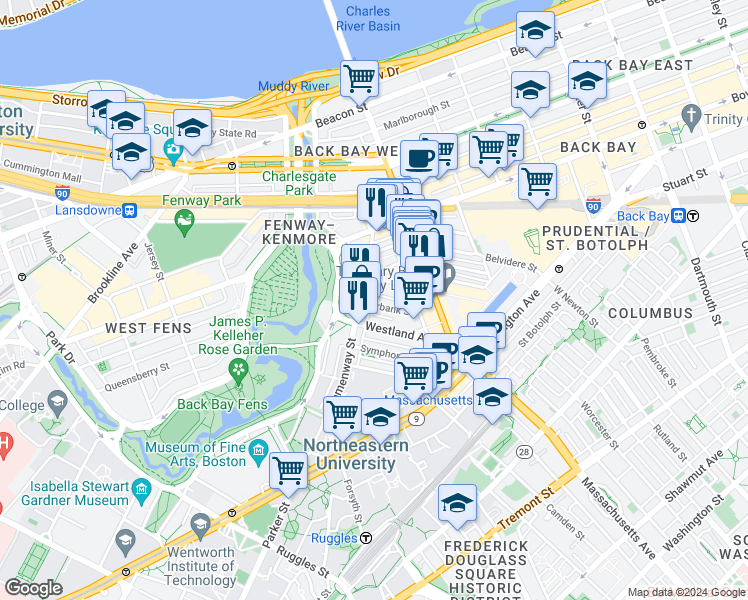 map of restaurants, bars, coffee shops, grocery stores, and more near 56-60 Hemenway Street in Boston