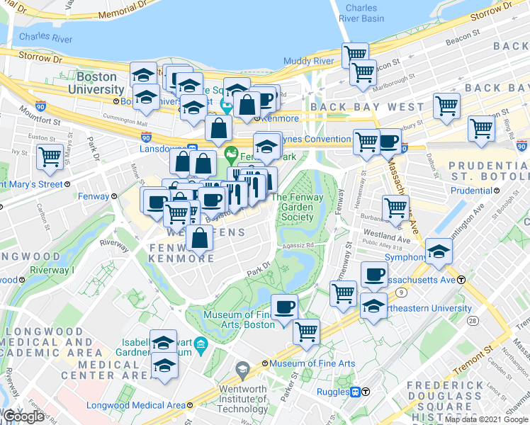 map of restaurants, bars, coffee shops, grocery stores, and more near in Boston