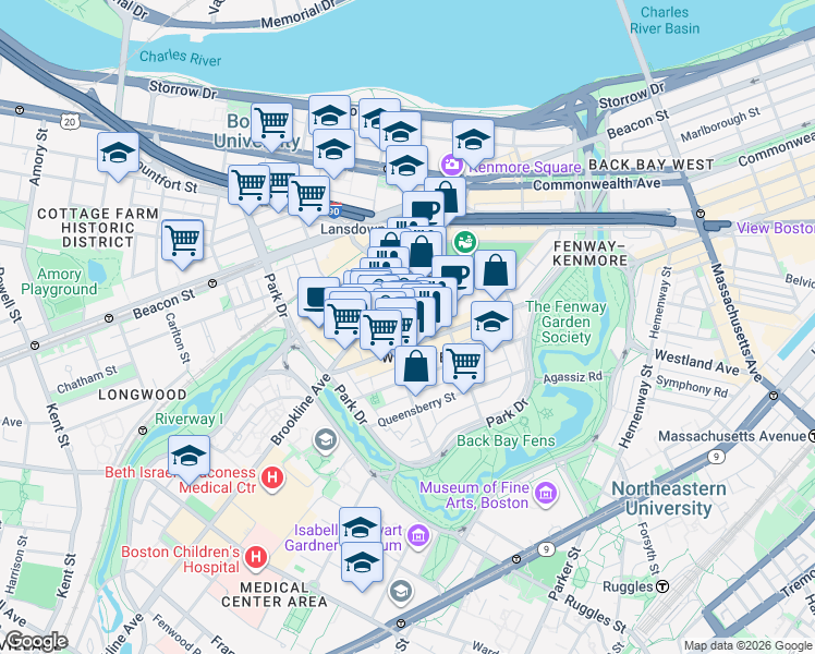 map of restaurants, bars, coffee shops, grocery stores, and more near 122 Brookline Avenue in Boston