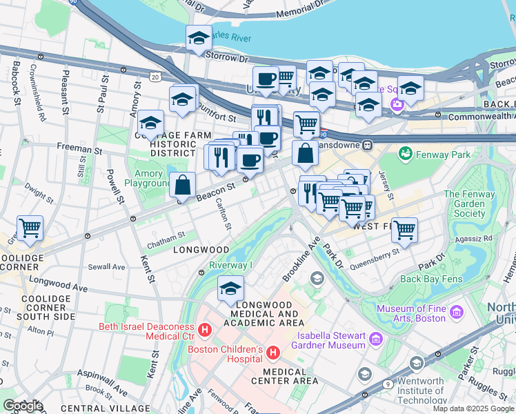 map of restaurants, bars, coffee shops, grocery stores, and more near 34 Medfield Street in Boston