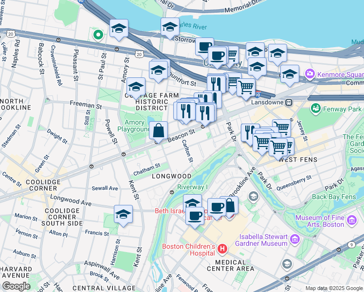 map of restaurants, bars, coffee shops, grocery stores, and more near 46 Carlton Street in Brookline