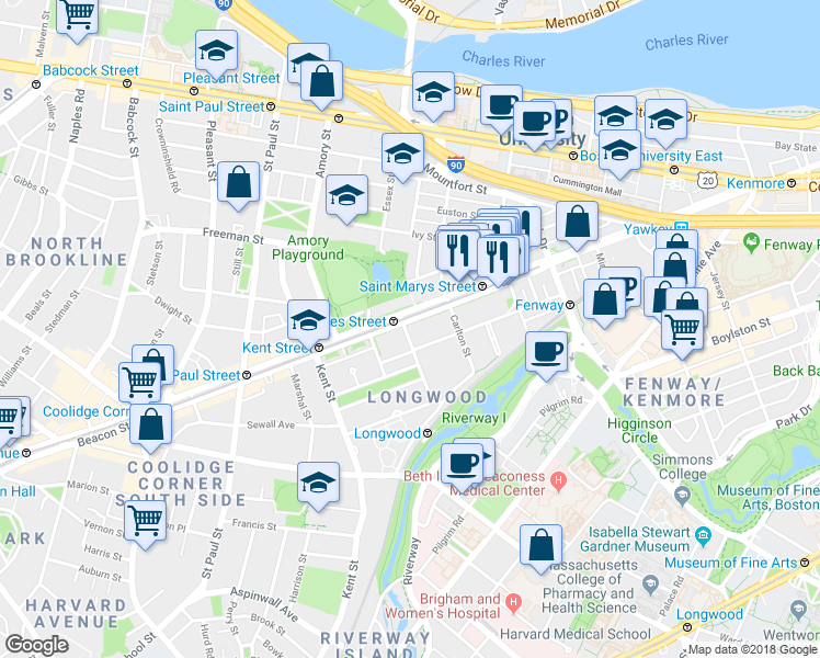 map of restaurants, bars, coffee shops, grocery stores, and more near 1083 Beacon Street in Brookline