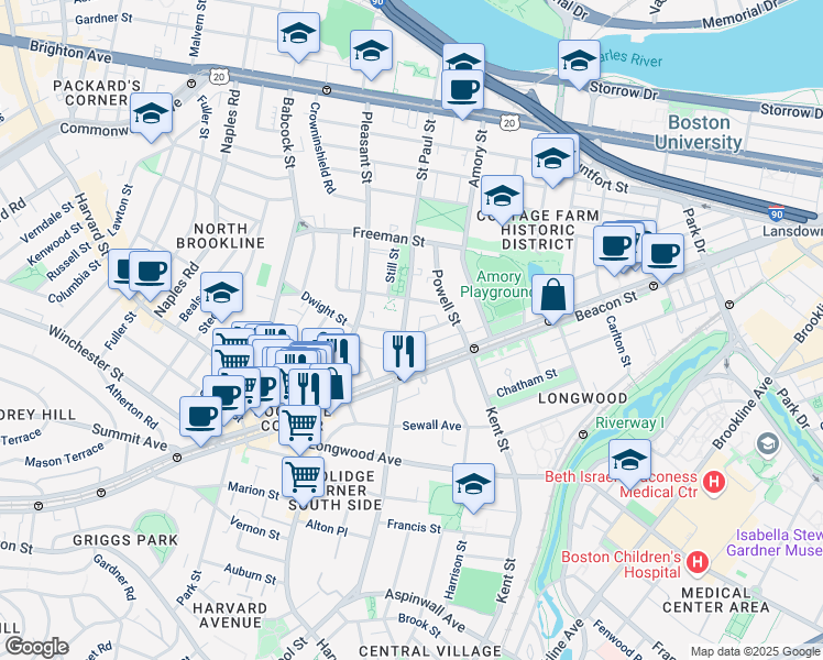 map of restaurants, bars, coffee shops, grocery stores, and more near 217 Saint Paul Street in Brookline