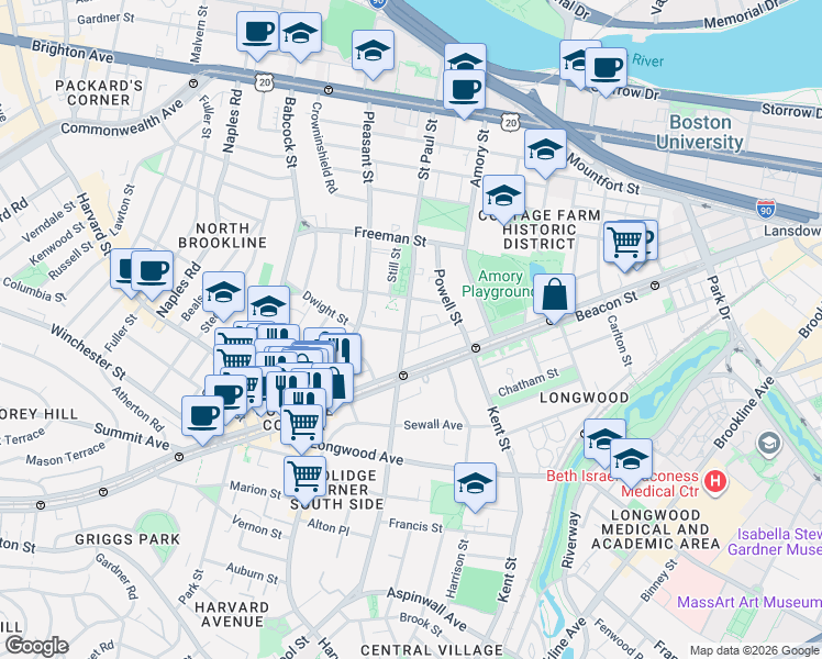 map of restaurants, bars, coffee shops, grocery stores, and more near 217 Saint Paul Street in Brookline