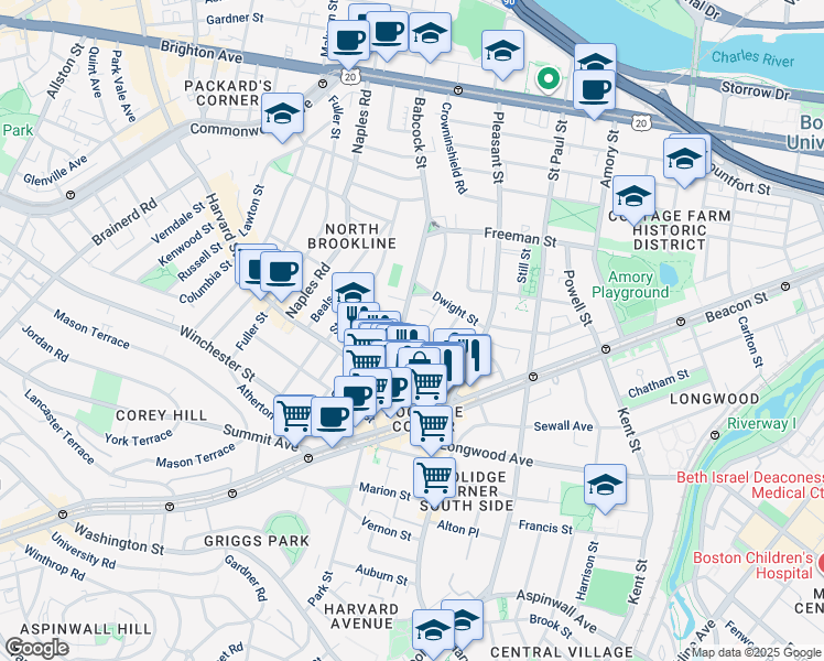 map of restaurants, bars, coffee shops, grocery stores, and more near 62 Green Street in Brookline