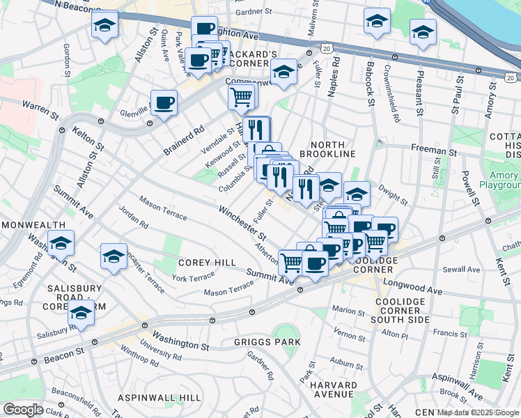 map of restaurants, bars, coffee shops, grocery stores, and more near 31 Coolidge Street in Brookline