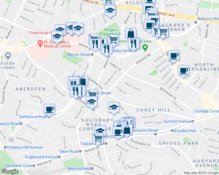 map of restaurants, bars, coffee shops, grocery stores, and more near 246 Corey Road in Boston