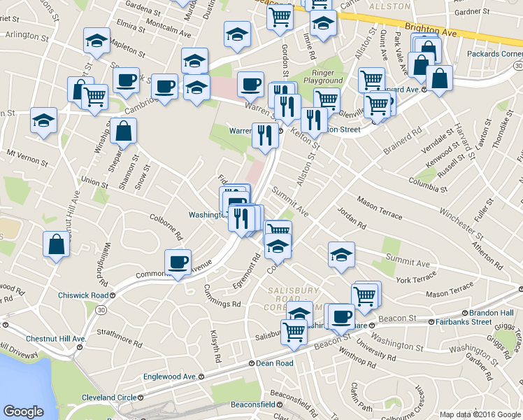 map of restaurants, bars, coffee shops, grocery stores, and more near 1542 Commonwealth Avenue in Boston