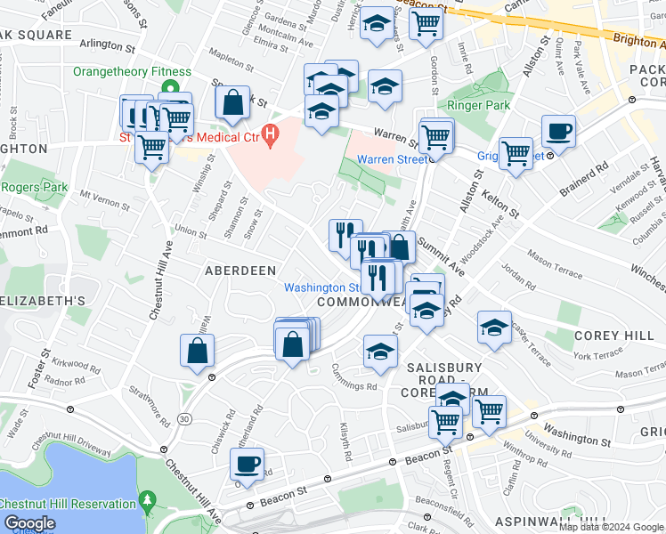map of restaurants, bars, coffee shops, grocery stores, and more near 127 Washington Street in Boston