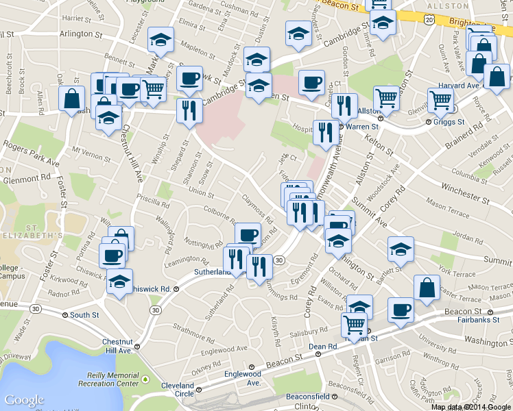map of restaurants, bars, coffee shops, grocery stores, and more near 127 Washington Street in Boston