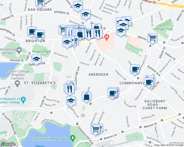 map of restaurants, bars, coffee shops, grocery stores, and more near 30 Blenford Road in Boston