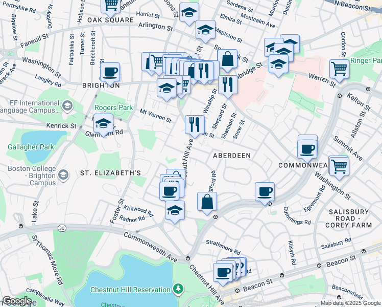 map of restaurants, bars, coffee shops, grocery stores, and more near 8 Priscilla Road in Boston